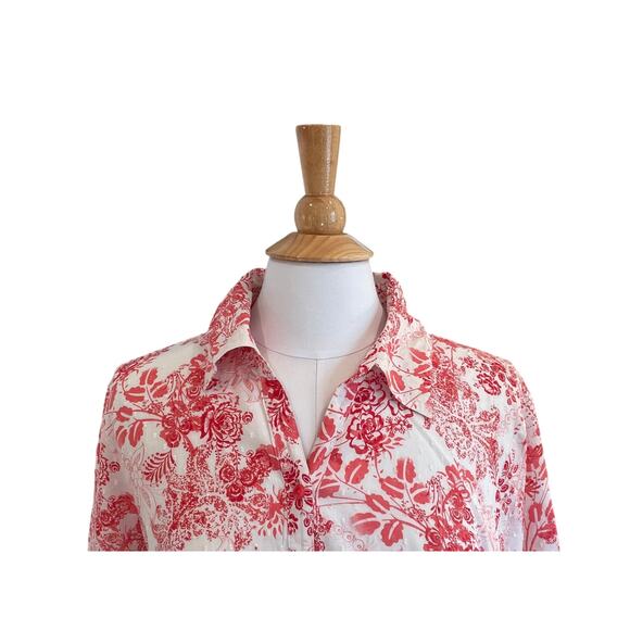 Coldwater Creek Cotton 3/4 Sleeve Button Down Shirt Red Floral, Swiss Dots, 1X - Picture 2 of 11